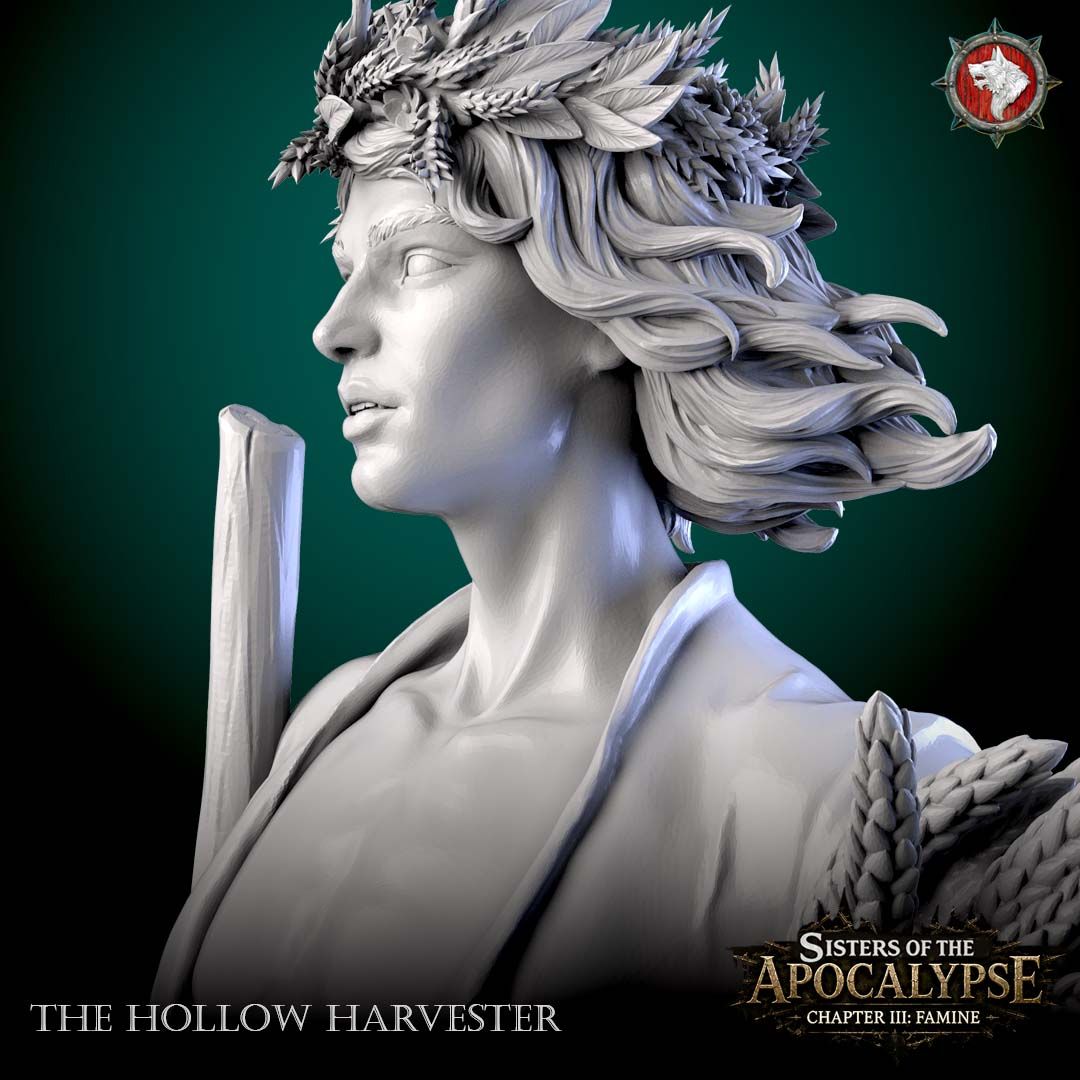 Close-up render of the Hollow Harvester's wheat crown and gaunt facial sculpt detail.
