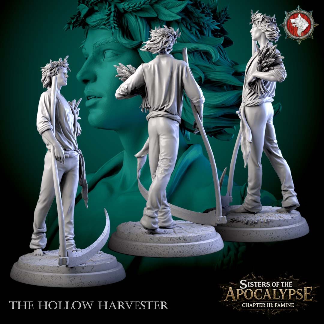 Three angled views of the Hollow Harvester model on the sculpted scenic base.