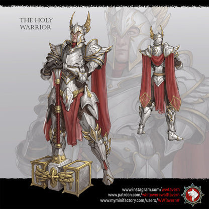 Render of The Holy Warrior | 32-75mm Fantasy Paladin Knight Miniature: Full-plate fantasy paladin with a winged helm, long cape, and long-hafted hammer, from White Werewolf's Sacred Few release. 32-75mm 3D printed resin.