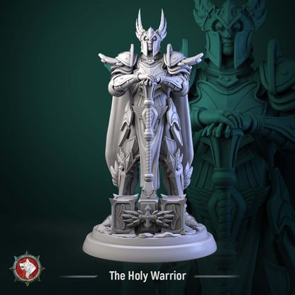 Render of The Holy Warrior | 32-75mm Fantasy Paladin Knight Miniature: Full-plate fantasy paladin with a winged helm, long cape, and long-hafted hammer, from White Werewolf's Sacred Few release. 32-75mm 3D printed resin.
