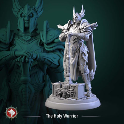 Render of The Holy Warrior | 32-75mm Fantasy Paladin Knight Miniature: Full-plate fantasy paladin with a winged helm, long cape, and long-hafted hammer, from White Werewolf's Sacred Few release. 32-75mm 3D printed resin.