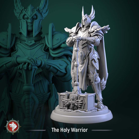 Render of The Holy Warrior | 32-75mm Fantasy Paladin Knight Miniature: Full-plate fantasy paladin with a winged helm, long cape, and long-hafted hammer, from White Werewolf's Sacred Few release. 32-75mm 3D printed resin.