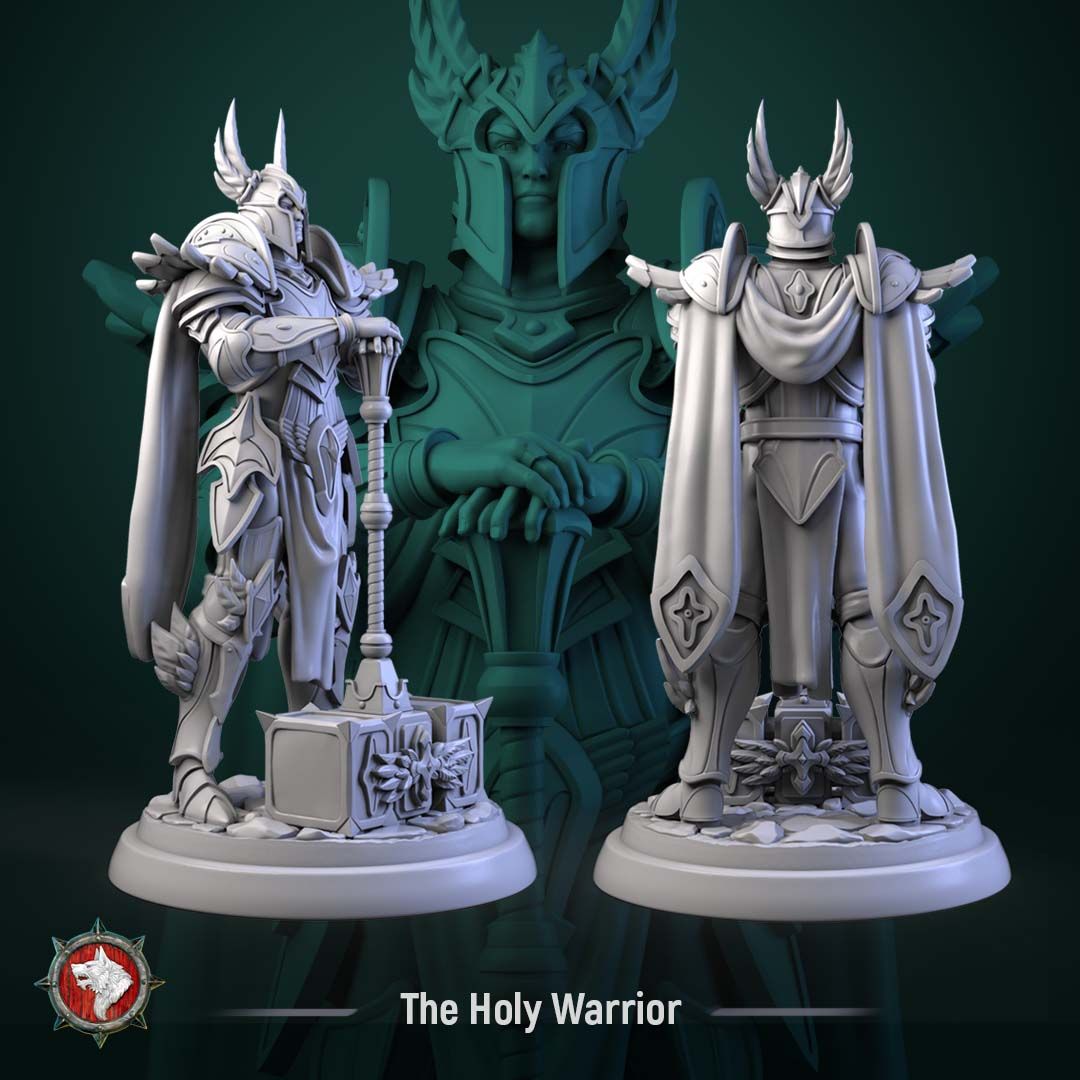 Render of The Holy Warrior | 32-75mm Fantasy Paladin Knight Miniature: Full-plate fantasy paladin with a winged helm, long cape, and long-hafted hammer, from White Werewolf's Sacred Few release. 32-75mm 3D printed resin.
