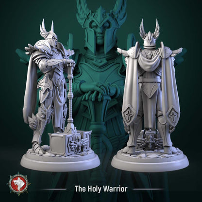 Render of The Holy Warrior | 32-75mm Fantasy Paladin Knight Miniature: Full-plate fantasy paladin with a winged helm, long cape, and long-hafted hammer, from White Werewolf's Sacred Few release. 32-75mm 3D printed resin.