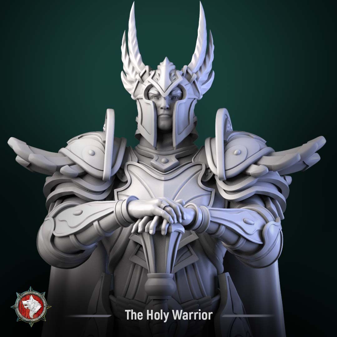 Render of The Holy Warrior | 32-75mm Fantasy Paladin Knight Miniature: Full-plate fantasy paladin with a winged helm, long cape, and long-hafted hammer, from White Werewolf's Sacred Few release. 32-75mm 3D printed resin.