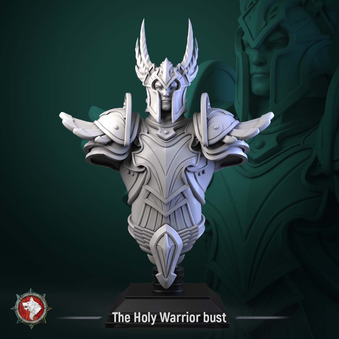 Render of The Holy Warrior Bust | Fantasy Paladin Knight Display Bust: A display bust of the winged-helm paladin from White Werewolf's Sacred Few release, in full sculpted plate. Dark-fantasy 3D printed resin bust.