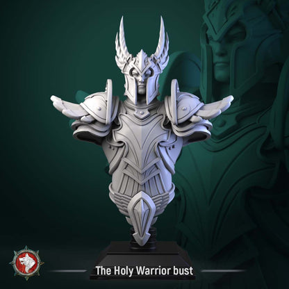 Render of The Holy Warrior Bust | Fantasy Paladin Knight Display Bust: A display bust of the winged-helm paladin from White Werewolf's Sacred Few release, in full sculpted plate. Dark-fantasy 3D printed resin bust.