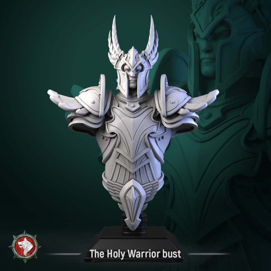 Render of The Holy Warrior Bust | Fantasy Paladin Knight Display Bust: A display bust of the winged-helm paladin from White Werewolf's Sacred Few release, in full sculpted plate. Dark-fantasy 3D printed resin bust.