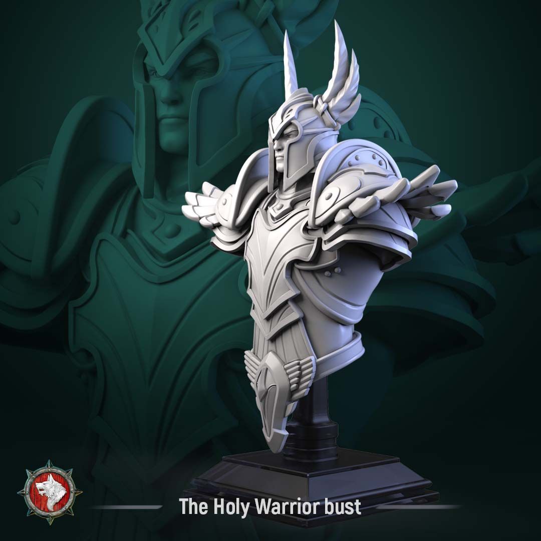 Render of The Holy Warrior Bust | Fantasy Paladin Knight Display Bust: A display bust of the winged-helm paladin from White Werewolf's Sacred Few release, in full sculpted plate. Dark-fantasy 3D printed resin bust.