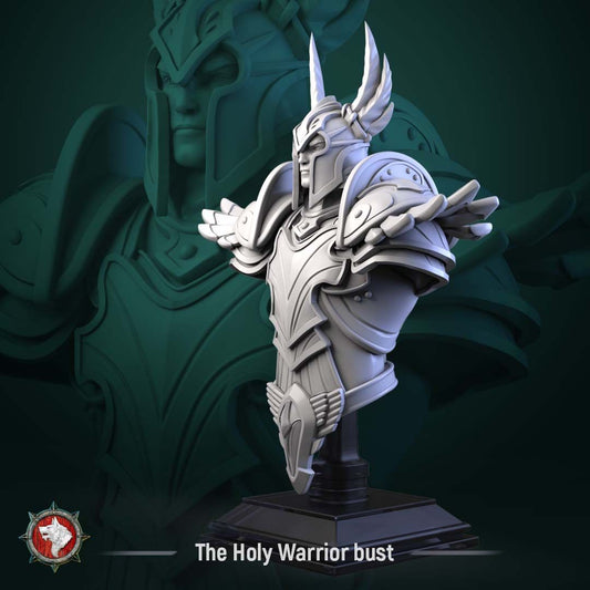 Render of The Holy Warrior Bust | Fantasy Paladin Knight Display Bust: A display bust of the winged-helm paladin from White Werewolf's Sacred Few release, in full sculpted plate. Dark-fantasy 3D printed resin bust.