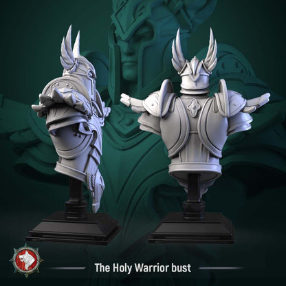 Render of The Holy Warrior Bust | Fantasy Paladin Knight Display Bust: A display bust of the winged-helm paladin from White Werewolf's Sacred Few release, in full sculpted plate. Dark-fantasy 3D printed resin bust.