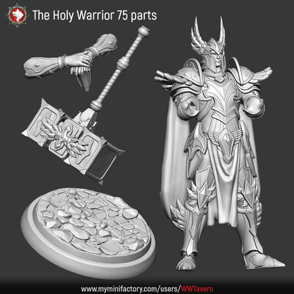 Render of The Holy Warrior | 32-75mm Fantasy Paladin Knight Miniature: Full-plate fantasy paladin with a winged helm, long cape, and long-hafted hammer, from White Werewolf's Sacred Few release. 32-75mm 3D printed resin.