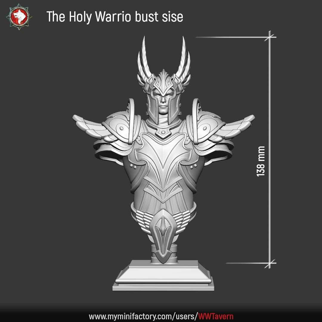 Render of The Holy Warrior Bust | Fantasy Paladin Knight Display Bust: A display bust of the winged-helm paladin from White Werewolf's Sacred Few release, in full sculpted plate. Dark-fantasy 3D printed resin bust.