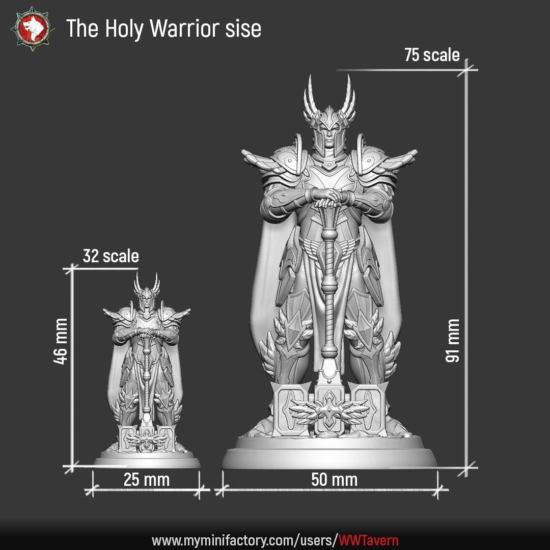 Render of The Holy Warrior | 32-75mm Fantasy Paladin Knight Miniature: Full-plate fantasy paladin with a winged helm, long cape, and long-hafted hammer, from White Werewolf's Sacred Few release. 32-75mm 3D printed resin.