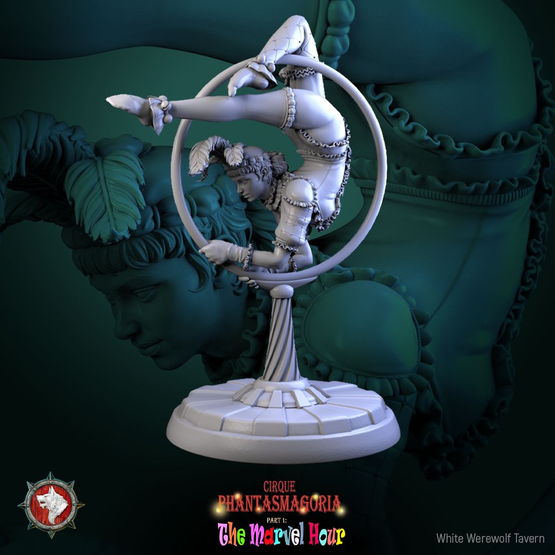 Render of Lollipop Twirler Display Model | 75mm Circus Acrobat: Feather-crowned circus acrobat on a swirl ball, from White Werewolf's The Marvel Hour dark carnival. 75mm 3D printed resin display model.