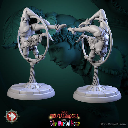 Render of Lollipop Twirler Display Model | 75mm Circus Acrobat: Feather-crowned circus acrobat on a swirl ball, from White Werewolf's The Marvel Hour dark carnival. 75mm 3D printed resin display model.
