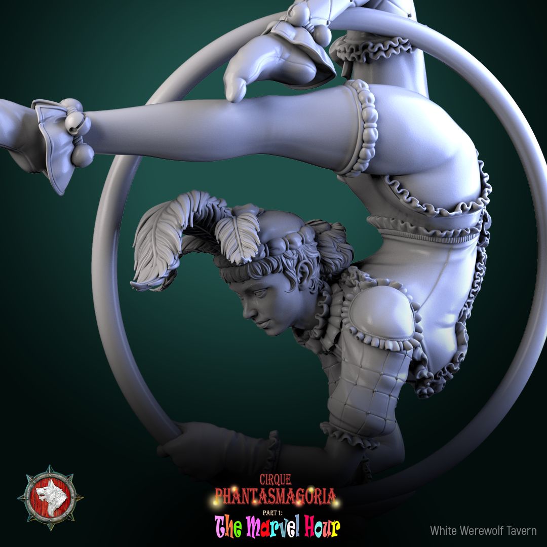 Render of Lollipop Twirler Display Model | 75mm Circus Acrobat: Feather-crowned circus acrobat on a swirl ball, from White Werewolf's The Marvel Hour dark carnival. 75mm 3D printed resin display model.