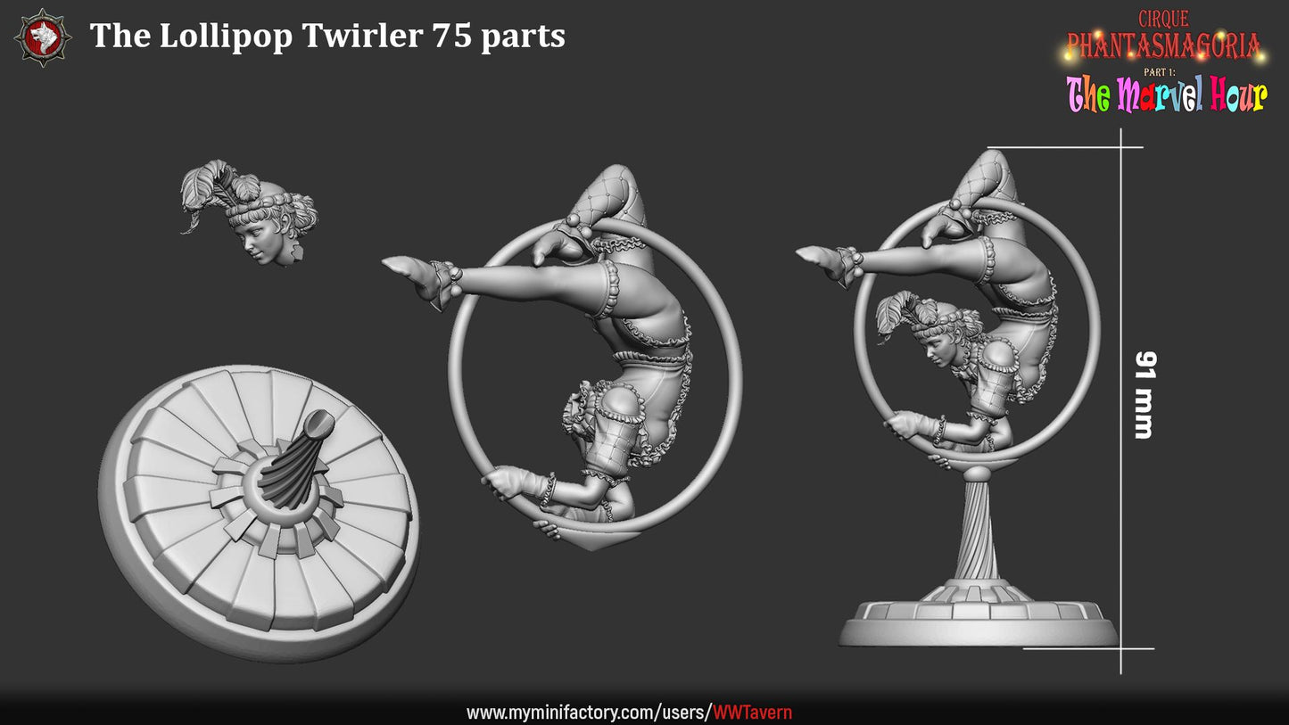 Render of Lollipop Twirler Display Model | 75mm Circus Acrobat: Feather-crowned circus acrobat on a swirl ball, from White Werewolf's The Marvel Hour dark carnival. 75mm 3D printed resin display model.