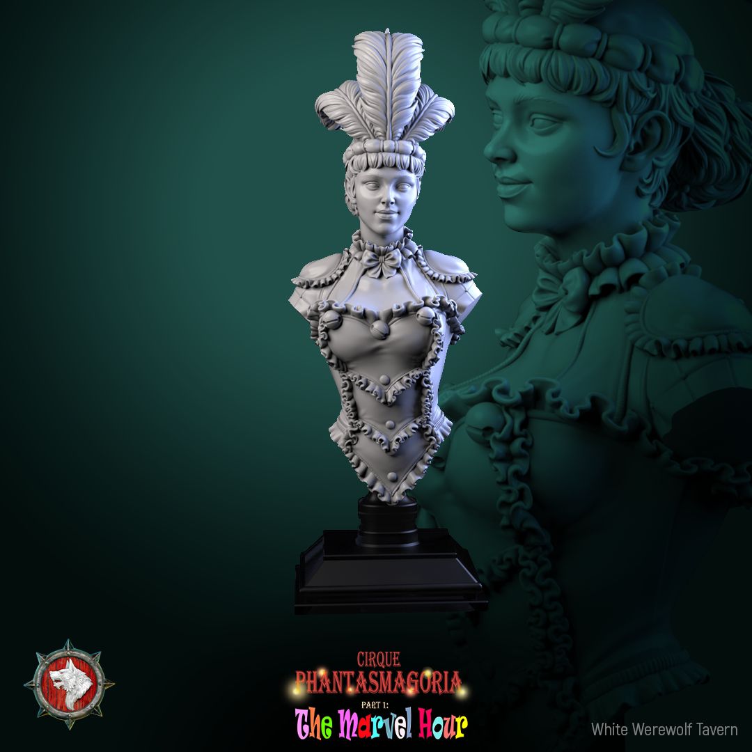 Render of The Lollipop Twirler Bust | Circus Acrobat Collector Bust: Feather-crowned circus acrobat bust with ruffled collar, from White Werewolf's The Marvel Hour dark carnival. 3D printed resin collector bust.