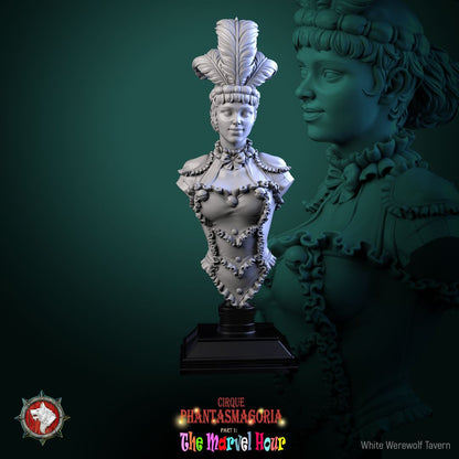 Render of The Lollipop Twirler Bust | Circus Acrobat Collector Bust: Feather-crowned circus acrobat bust with ruffled collar, from White Werewolf's The Marvel Hour dark carnival. 3D printed resin collector bust.