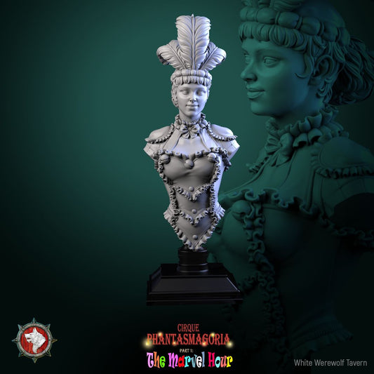 Render of The Lollipop Twirler Bust | Circus Acrobat Collector Bust: Feather-crowned circus acrobat bust with ruffled collar, from White Werewolf's The Marvel Hour dark carnival. 3D printed resin collector bust.