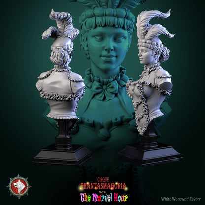 Render of The Lollipop Twirler Bust | Circus Acrobat Collector Bust: Feather-crowned circus acrobat bust with ruffled collar, from White Werewolf's The Marvel Hour dark carnival. 3D printed resin collector bust.