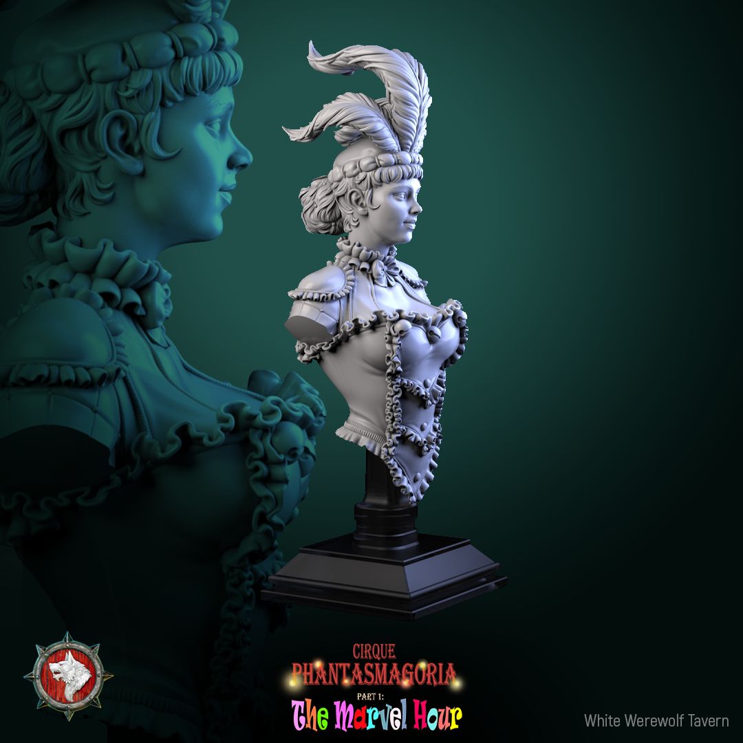 Render of The Lollipop Twirler Bust | Circus Acrobat Collector Bust: Feather-crowned circus acrobat bust with ruffled collar, from White Werewolf's The Marvel Hour dark carnival. 3D printed resin collector bust.