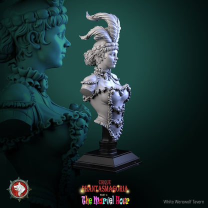 Render of The Lollipop Twirler Bust | Circus Acrobat Collector Bust: Feather-crowned circus acrobat bust with ruffled collar, from White Werewolf's The Marvel Hour dark carnival. 3D printed resin collector bust.