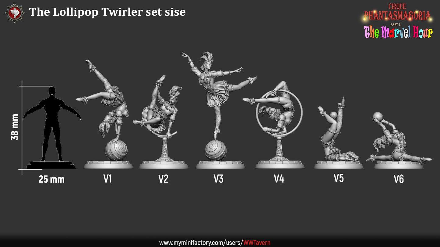 Render of The Lollipop Twirlers | 32mm Circus Acrobat Miniatures: Six circus acrobats on swirl balls, poles, and hoops, from White Werewolf's The Marvel Hour dark carnival. 32mm 3D printed resin, single or full set.