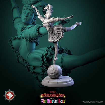 Render of The Lollipop Twirlers | 32mm Circus Acrobat Miniatures: Six circus acrobats on swirl balls, poles, and hoops, from White Werewolf's The Marvel Hour dark carnival. 32mm 3D printed resin, single or full set.