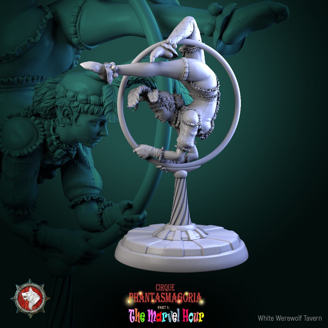 Render of The Lollipop Twirlers | 32mm Circus Acrobat Miniatures: Six circus acrobats on swirl balls, poles, and hoops, from White Werewolf's The Marvel Hour dark carnival. 32mm 3D printed resin, single or full set.