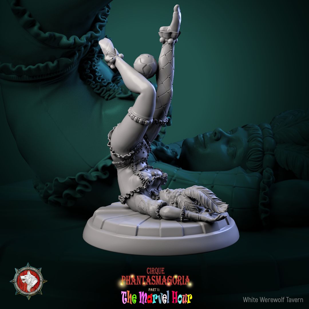 Render of The Lollipop Twirlers | 32mm Circus Acrobat Miniatures: Six circus acrobats on swirl balls, poles, and hoops, from White Werewolf's The Marvel Hour dark carnival. 32mm 3D printed resin, single or full set.