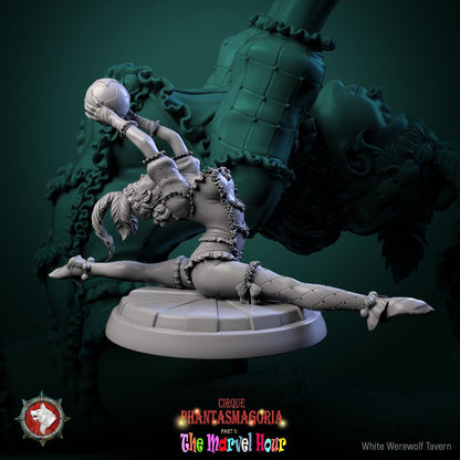 Render of The Lollipop Twirlers | 32mm Circus Acrobat Miniatures: Six circus acrobats on swirl balls, poles, and hoops, from White Werewolf's The Marvel Hour dark carnival. 32mm 3D printed resin, single or full set.