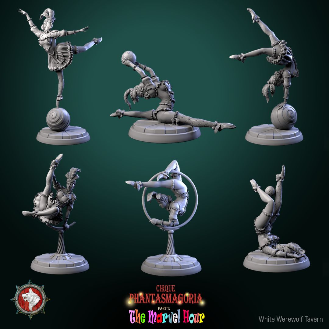 Render of The Lollipop Twirlers | 32mm Circus Acrobat Miniatures: Six circus acrobats on swirl balls, poles, and hoops, from White Werewolf's The Marvel Hour dark carnival. 32mm 3D printed resin, single or full set.