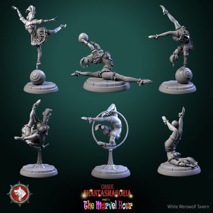 Render of The Lollipop Twirlers | 32mm Circus Acrobat Miniatures: Six circus acrobats on swirl balls, poles, and hoops, from White Werewolf's The Marvel Hour dark carnival. 32mm 3D printed resin, single or full set.