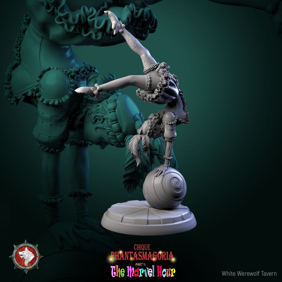 Render of The Lollipop Twirlers | 32mm Circus Acrobat Miniatures: Six circus acrobats on swirl balls, poles, and hoops, from White Werewolf's The Marvel Hour dark carnival. 32mm 3D printed resin, single or full set.