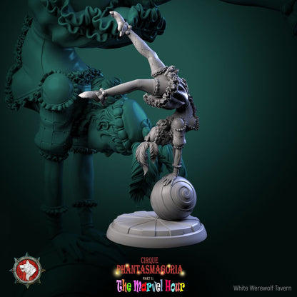 Render of The Lollipop Twirlers | 32mm Circus Acrobat Miniatures: Six circus acrobats on swirl balls, poles, and hoops, from White Werewolf's The Marvel Hour dark carnival. 32mm 3D printed resin, single or full set.
