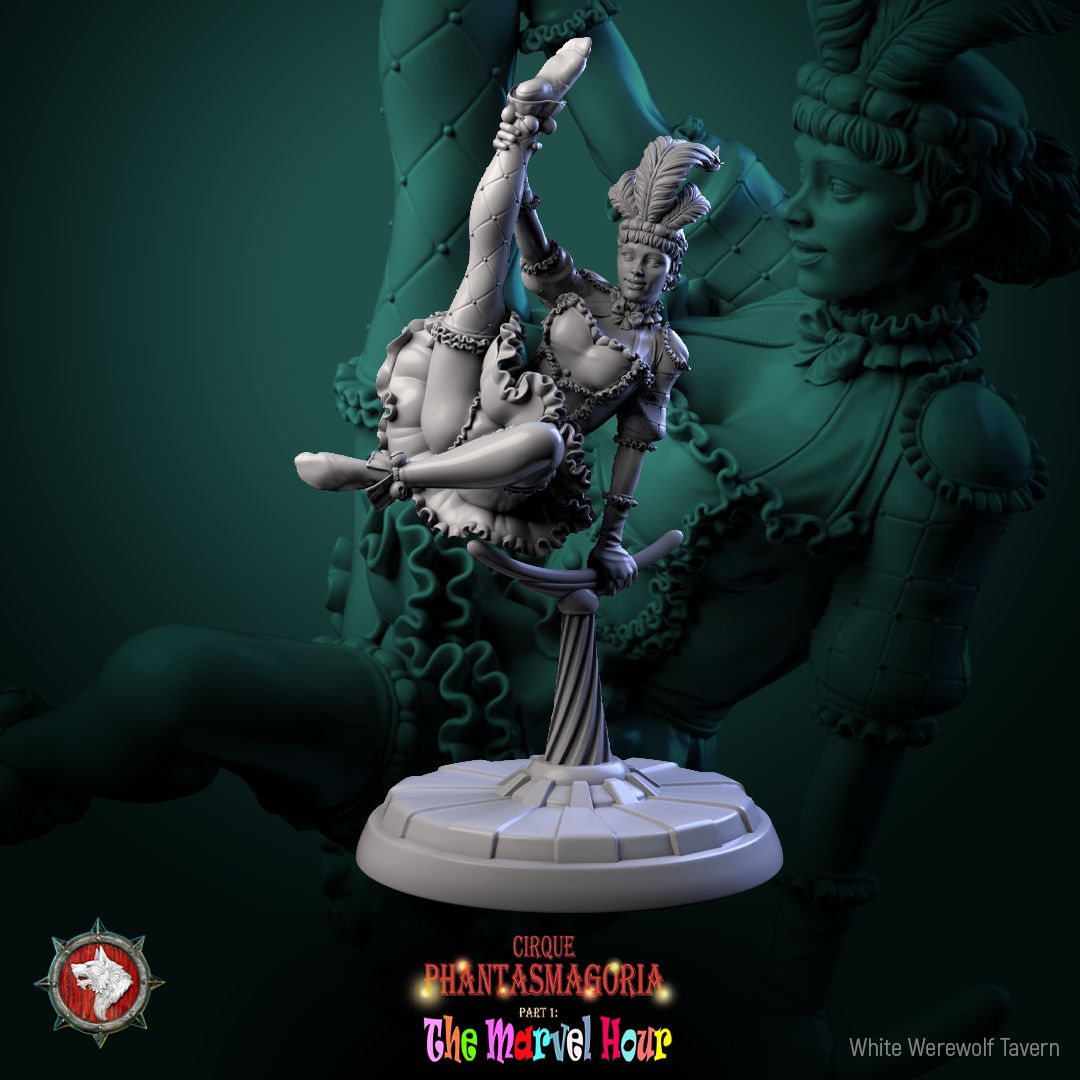 Render of The Lollipop Twirlers | 32mm Circus Acrobat Miniatures: Six circus acrobats on swirl balls, poles, and hoops, from White Werewolf's The Marvel Hour dark carnival. 32mm 3D printed resin, single or full set.