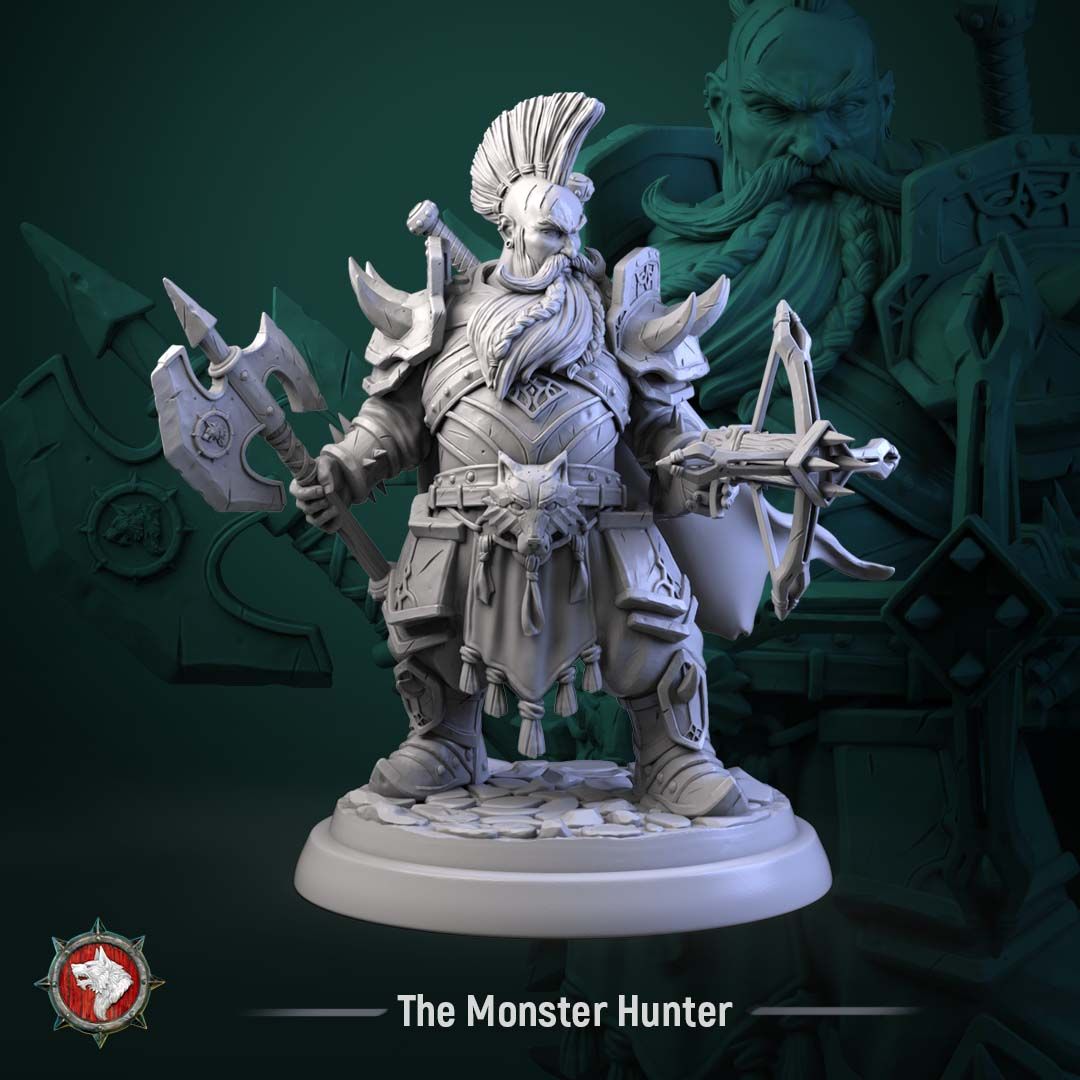 Render of The Monster Hunter | 32-75mm Dwarf Hunter Resin Miniature: Grizzled dwarf monster hunter in heavy plate with a poleaxe, heavy crossbow, and twin back-slung swords. 32mm and 75mm 3D printed resin miniature.