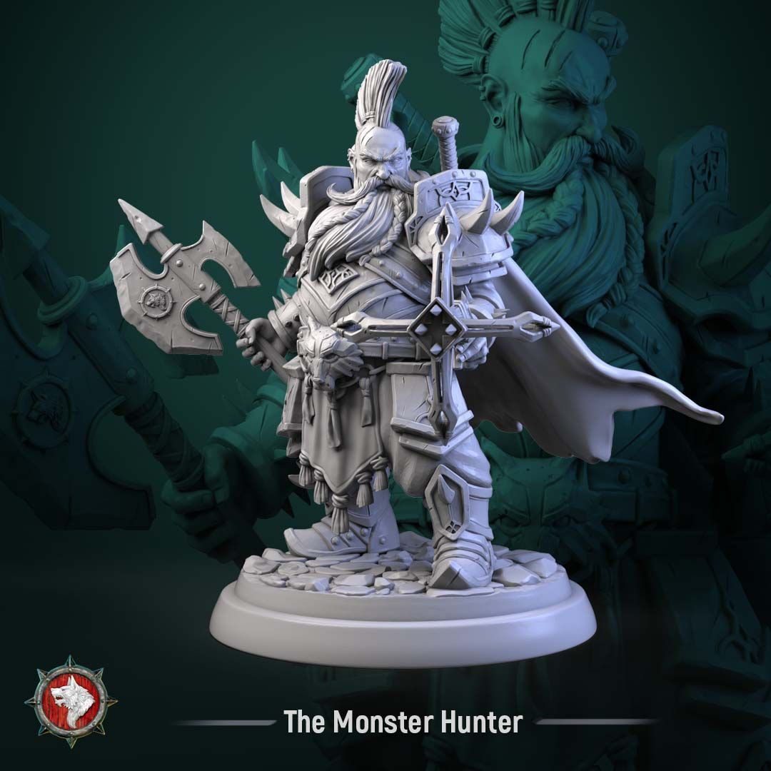 Render of The Monster Hunter | 32-75mm Dwarf Hunter Resin Miniature: Grizzled dwarf monster hunter in heavy plate with a poleaxe, heavy crossbow, and twin back-slung swords. 32mm and 75mm 3D printed resin miniature.