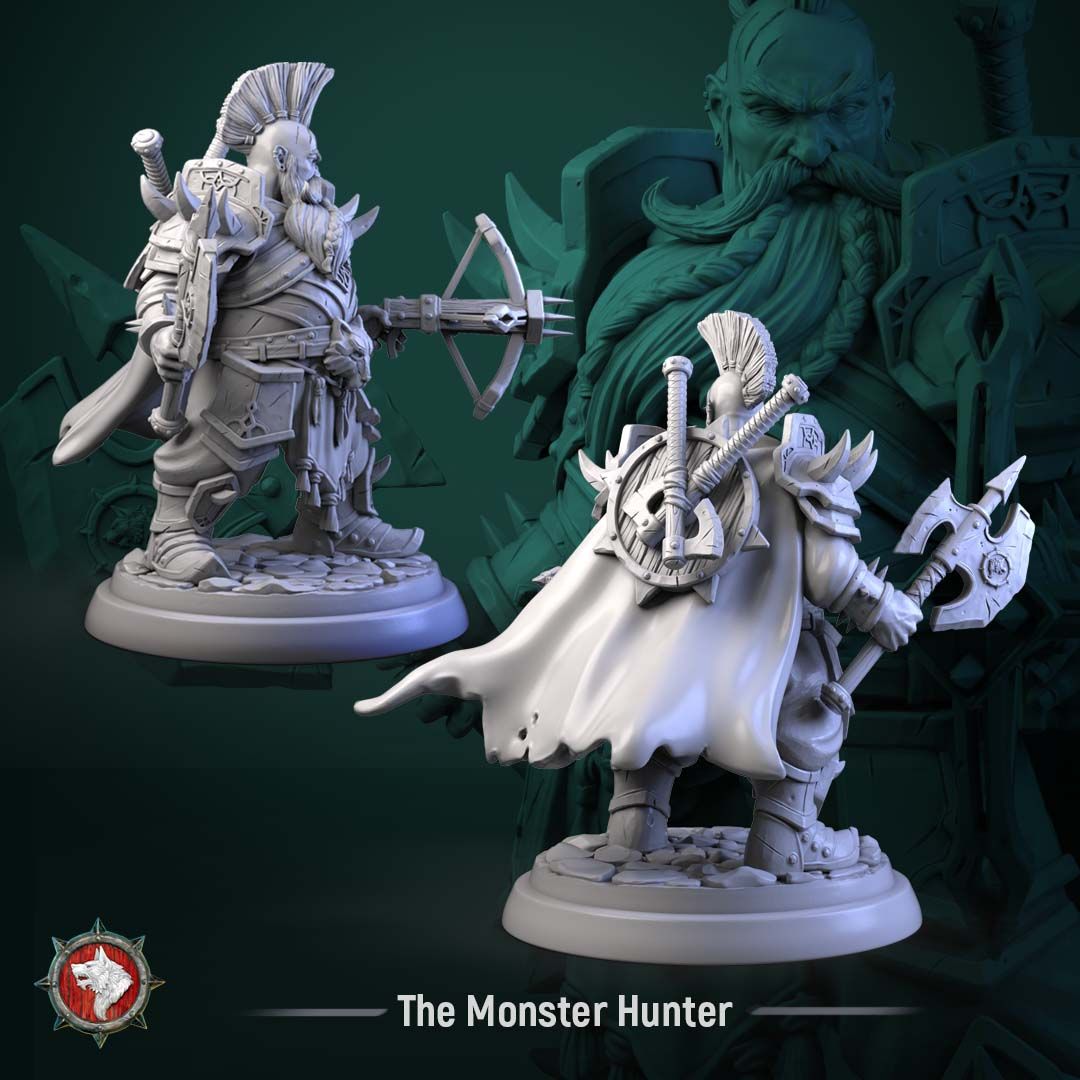 Render of The Monster Hunter | 32-75mm Dwarf Hunter Resin Miniature: Grizzled dwarf monster hunter in heavy plate with a poleaxe, heavy crossbow, and twin back-slung swords. 32mm and 75mm 3D printed resin miniature.