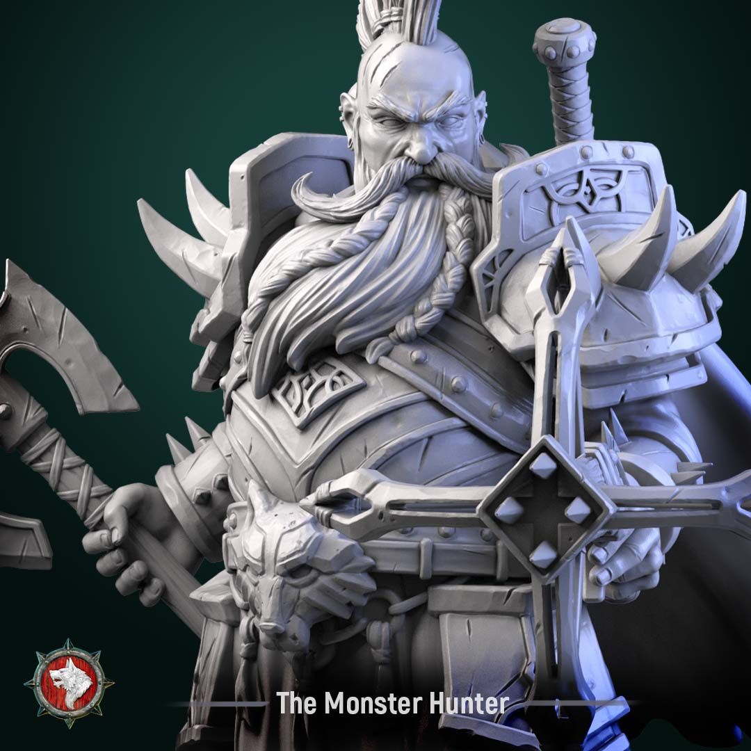 Render of The Monster Hunter | 32-75mm Dwarf Hunter Resin Miniature: Grizzled dwarf monster hunter in heavy plate with a poleaxe, heavy crossbow, and twin back-slung swords. 32mm and 75mm 3D printed resin miniature.