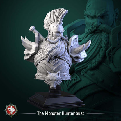 Render of The Monster Hunter Bust | Fantasy Dwarf Hunter Display Bust: A display bust of the grizzled dwarf monster hunter from White Werewolf's Sacred Few release, with mohawk and braided beard. 3D printed resin bust.