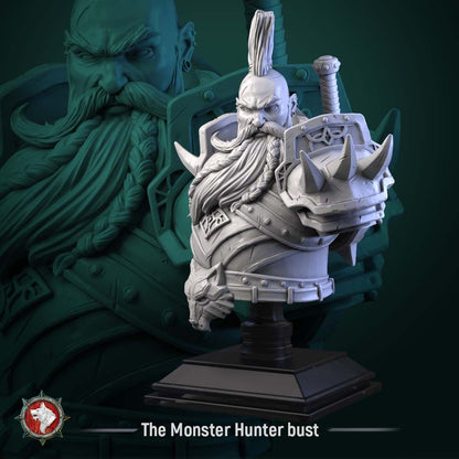 Render of The Monster Hunter Bust | Fantasy Dwarf Hunter Display Bust: A display bust of the grizzled dwarf monster hunter from White Werewolf's Sacred Few release, with mohawk and braided beard. 3D printed resin bust.