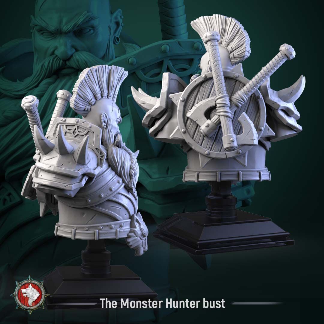 Render of The Monster Hunter Bust | Fantasy Dwarf Hunter Display Bust: A display bust of the grizzled dwarf monster hunter from White Werewolf's Sacred Few release, with mohawk and braided beard. 3D printed resin bust.