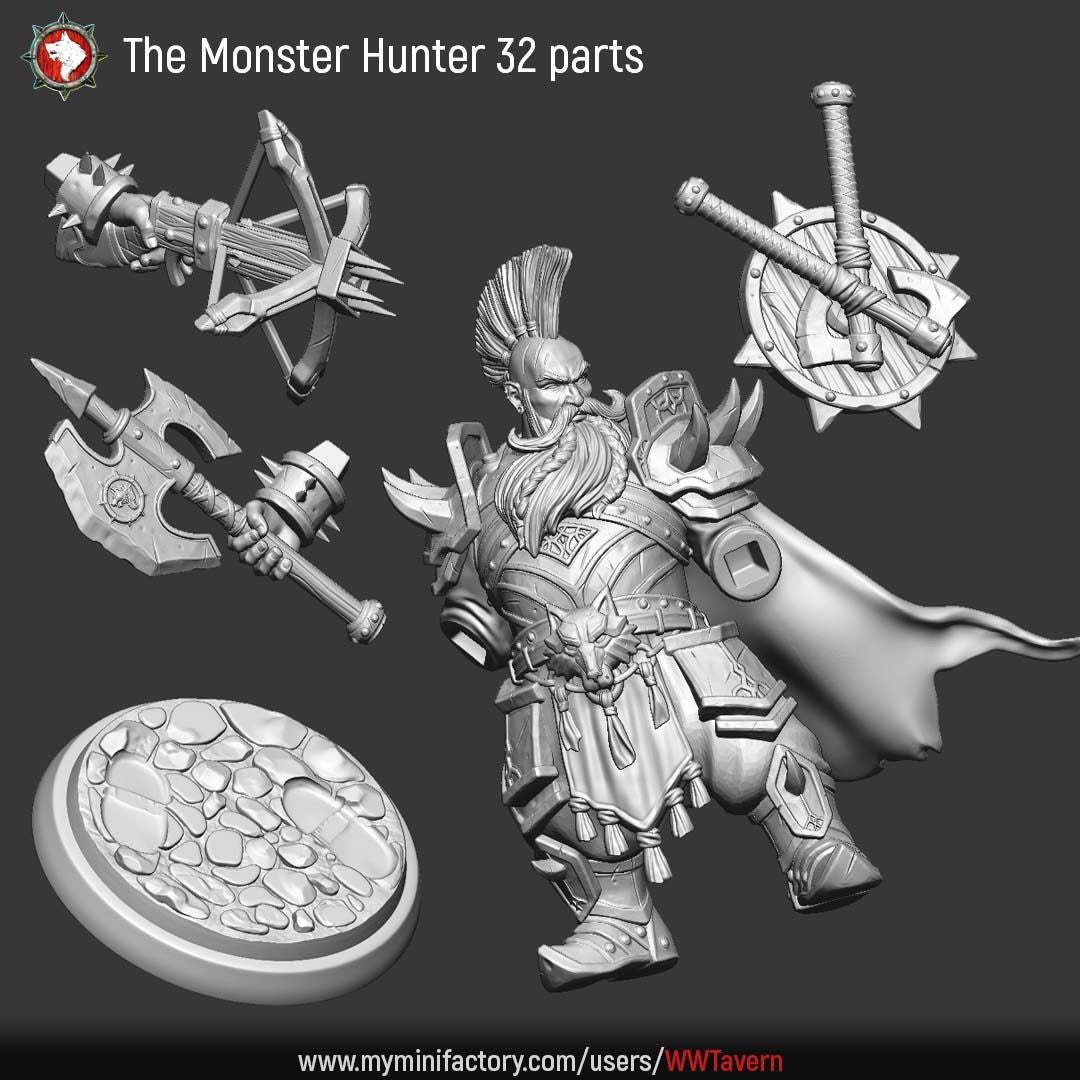 Render of The Monster Hunter | 32-75mm Dwarf Hunter Resin Miniature: Grizzled dwarf monster hunter in heavy plate with a poleaxe, heavy crossbow, and twin back-slung swords. 32mm and 75mm 3D printed resin miniature.