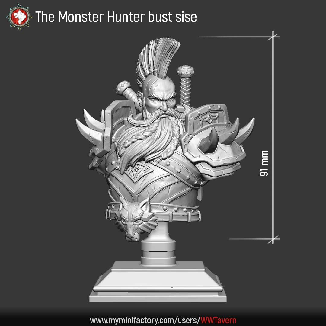 Render of The Monster Hunter Bust | Fantasy Dwarf Hunter Display Bust: A display bust of the grizzled dwarf monster hunter from White Werewolf's Sacred Few release, with mohawk and braided beard. 3D printed resin bust.