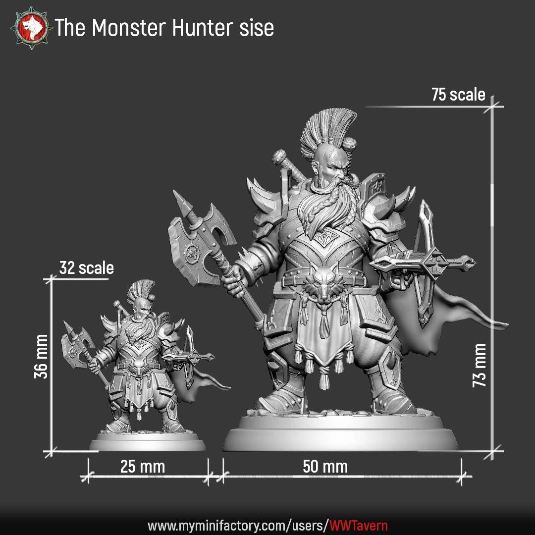 Render of The Monster Hunter | 32-75mm Dwarf Hunter Resin Miniature: Grizzled dwarf monster hunter in heavy plate with a poleaxe, heavy crossbow, and twin back-slung swords. 32mm and 75mm 3D printed resin miniature.