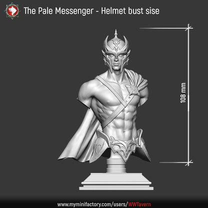 Render of The Pale Messenger Bust | Dark Fantasy Herald Display Bust: A display bust of the Pale Messenger from White Werewolf's Sisters of the Apocalypse, a horned-helm herald. Dark-fantasy 3D printed resin display bust.