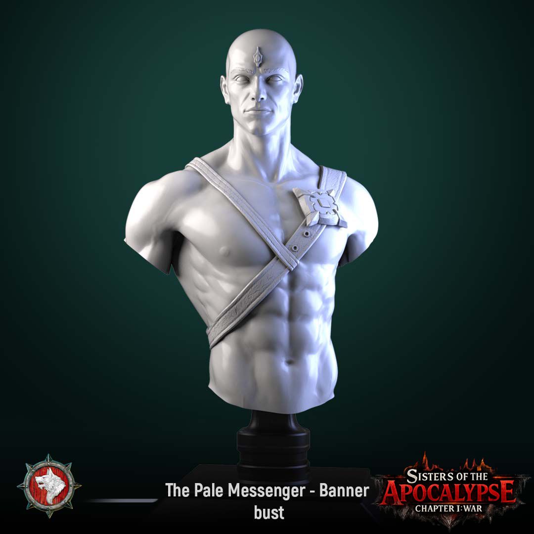 Render of The Pale Messenger Bust, Bare Head | Dark Fantasy Display Bust: A bare-headed display bust of the Pale Messenger from White Werewolf's Sisters of the Apocalypse. Dark-fantasy 3D printed resin display bust.